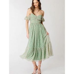 Fauna Floral Print Sweetheart Neck Off-the-Shoulder Cap Puff Sleeve Midi Dress